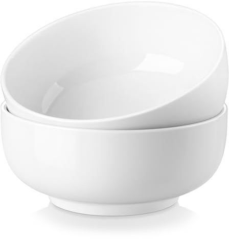 MALACASA Large Salad Bowls, Soup Bowl Set of 2, Porcelain Cereal Bowl, White Serving Bowls, Perfect for Noodles, Desserts and Breakfast, 1180ML, Microwave and Dishwasher Safe, Serie Regular