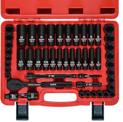 EGOFIX 3/8 Drive Impact Socket Set, 50 Piece Standard SAE (5/16 to 3/4 inch) and Metric (8-22mm) 6 Point, with Adjustable Ratchet Handle, Extension Bars, Impact Universal Joint, Adapter, Cr-V Steel