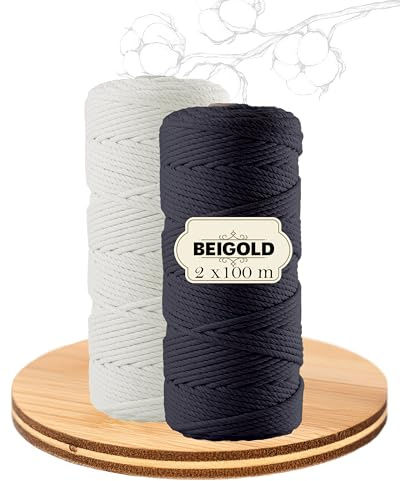 BEIGOLD Filati macramè, set da 2 pezzi, nero e bianco, 3 mm di diametro, 100 m per rotolo, misto cotone per fai da te e arte macramè, lunghezza totale 200 m