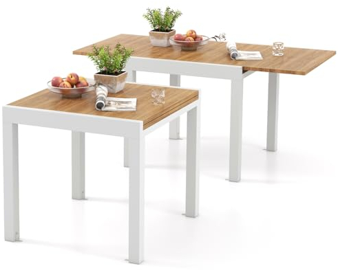 COSTWAY Gartentisch Aluminium ausziehbar, 80/160x80cm, Esstisch wetterfest, rechteckiger Terrassentisch für 4-6 Personen, Ausziehtisch für Garten, Terrasse, Natur + Weiß