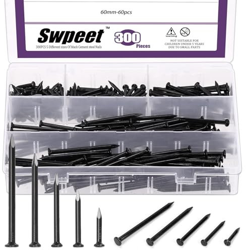 Swpeet Lot de 300 clous en acier galvanisés, pour briques en béton, 5 tailles 3/4, 1-1/4, 1-3/5, 2, 2-3/8, noirs, pour béton, briques