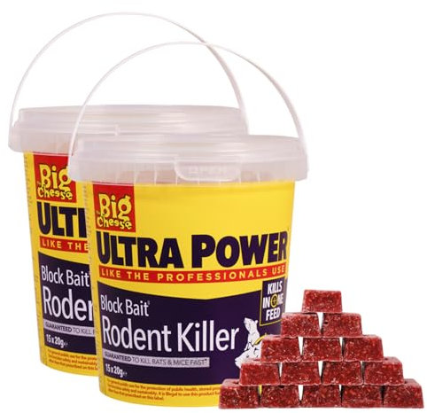 The Big Cheese Ultra Power Bait Blocks - 2 Pack, 30 Total x 20g, Kills Mice and Rats, Pest Control - Rat Killer For Mouse Traps, Indoor & Building Perimeter - One Feed Super Strength Rat Poisoning,