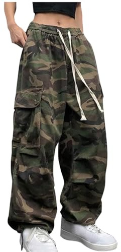 ABLYTMIAQ Pantalones de mujer con estampado de camuflaje, pantalones cargo para mujer 2024, pantalones de pierna ancha rectos, pantalones ajustables de plástico con cierre de cordón de plástico para