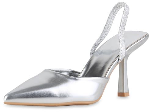 VAN HILL Damen Slingpumps Stiletto Basic Klassisch Schuhe 216490 Silber 39