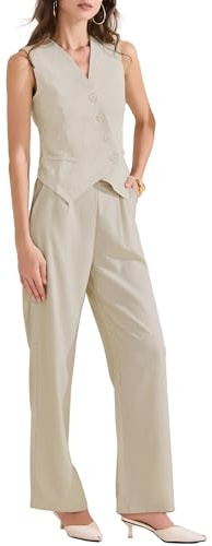 Allegra K Conjunto de 2 Piezas para Mujer Chaqueta Sin Mangas Chaleco Pantalones de Pierna Ancha Conjuntos Casuales de Negocios A Juego Beige XL