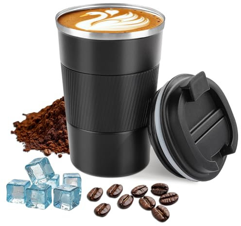 Insulated Coffee Cup with lid,Travel Coffee Mug Leak Proof,Reusable Stainless Steel Vacuum Thermos Coffee tumblers,Thermal Insulation Cups for Men and Women hot and Cold Drinks (3rd-Black, 380ml)