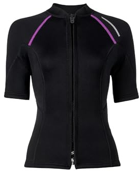 Winying Costume da bagno da donna, UV, a maniche corte, in neoprene, 1,5 mm, con cerniera frontale, per nuoto e sport acquatici, Nero , L