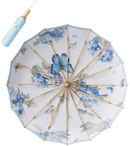 Meichoon Retro Sun Umbrella UPF50+ UV Protection Large 102cm/40in for 2 Person Upgrade Thickened Double-bone Fiberglass 16 Rib Waterproof Wind Resistant Folding Parasol for Women Travel Wood Handle