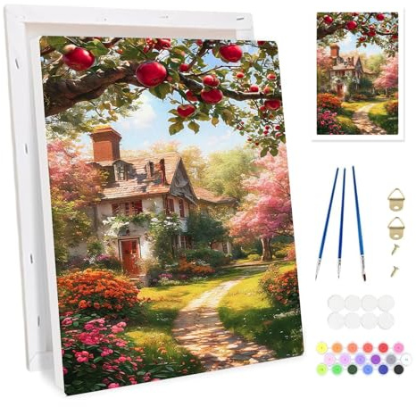 Bowetile landskap inramad måla efter siffror för vuxna, by stuga måla efter siffror kit för vuxna nybörjare canvas-kit, gör-det-själv färg oljemålning akrylfärger för hem väggdekor 20 x 30 cm