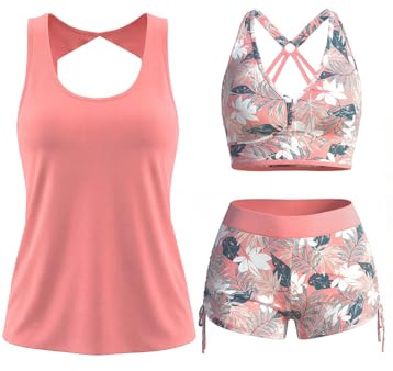MODLILY Classic 3 Piece Tankini Swimsuits for Women, Solid Tank Top & Plants Print Sports Bra with Drawstring Board Shorts Peach Pink