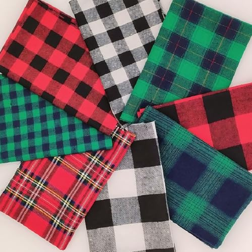 EXGOING 8PCS Christmas Fabric Squares 50×50cm Brushed Cotton Plaid Material, Soft No-Fade Christmas Fat Quarters Fabric Bundles for Sewing & Quilting – Red Green Gingham