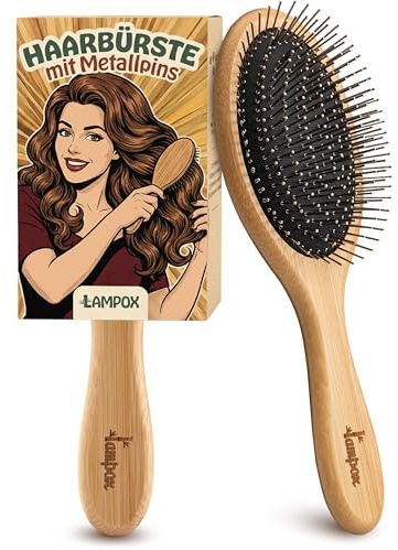 lampox Brosse à cheveux en bambou avec picots en acier inoxydable - Antistatique et massage du cuir chevelu - Brosse démêlante durable pour homme et femme - Pour tous les types de cheveux, secs et