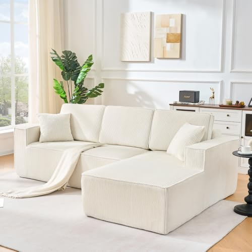 Sapgaks Canapé d'angle en L en Velours côtelé,entièrement compressé,Groupe de sièges 2 Personnes + Coin méridienne,canapé 3 Places modulable (Beige + Right Chaise)