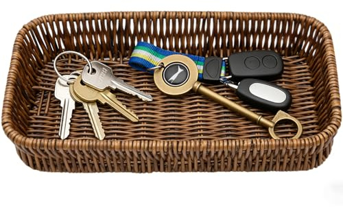 Rattan Tray, 27 cm x 10 cm x 4 cm Decorative Key Bowl for Hallways and Entryways, Key Tray for Organized Key Storage Solution, Handwoven Natural Material, Ideal for Home Decor and Gift Giving