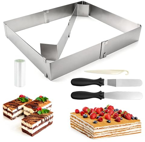 Cornice per dolci rettangolare regolabile, Stampo torta rettangolare in acciaio inox, stampi per dolci con divisorio, spatola, sac à poche e beccucci, anello per torte rettangolare per dolci e dessert