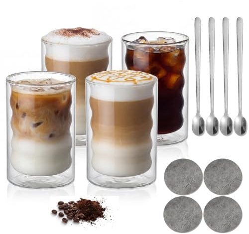 Juego de 4 Tazas de Café de Cristal 350ml – Vasos de Doble Pared de Vidrio Borosilicato con 4 Cucharillas y 4 Posavasos – Ideales para Café con Leche, Té, Latte, Macchiato y Espresso – Regalo para Pad