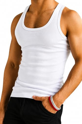 Men’s Ribbed Cotton Vest Tank Tops Slim Fit Sleeveless Vest for Gym, Casual Wear & Workout, White (Pack of 2)