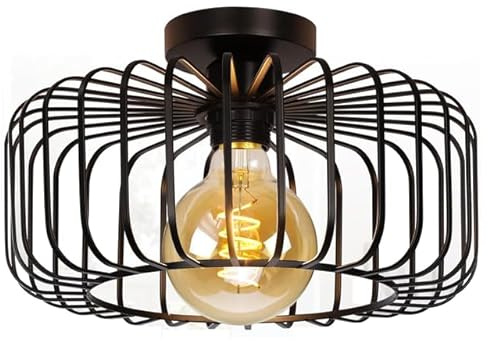 Gokoly Industrial Black Ceiling Lights Fixture, Semi Flush Mount Ceiling Light for Living Room Black Metal Cage Lampshade for Hallway, Bedroom, Dining Room, Kitchen Lounge