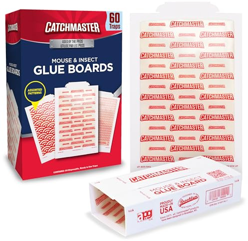 Catchmaster Extra Sticky Insect & Mouse Traps 60-Count, 5.3x8 Glue Boards for Mice & Insects, Ultra Sticky Rat & MouseTraps Indoor for Home Use in Garages, Basements & Attics, Pest Control for Home