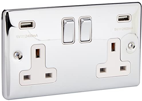 AET CPC2GUSBWC 2 Gang 13 A Double Plug Classical Chrome Polished Socket with USB Charging Ports and White Insert Metal Rocker Switch