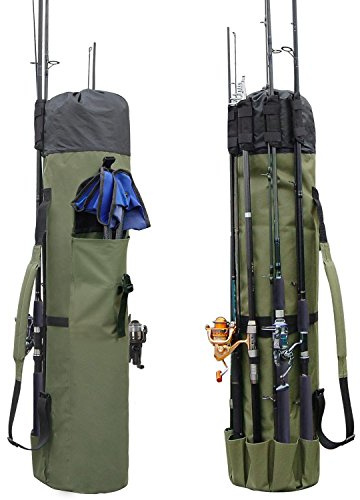 Allnice Bolsa organizadora de Lona Duradera para caña de Pescar y Carrete, Bolsa de Transporte de Viaje, con Capacidad para 5 Postes y Aparejos (Verde Caqui)
