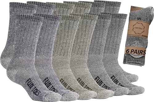 FUN TOES Men's Hiking Crew Merino Wool Socks 6 Pairs Lightweight, Reinforced Size 8-12 (2 Black, 2 Blue, 2 Green)