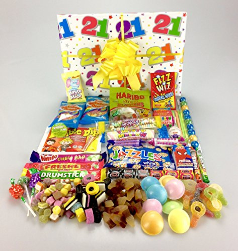 Happy 21st Birthday gift wrapped RETRO SWEET Hamper Box Large Variety Lip Smacking favourites • Dolly Mixtures • Liquorice Allsorts • Flying Saucers • Fizzy Mix • Cola Bottles • etc.... Retro Nostalgia