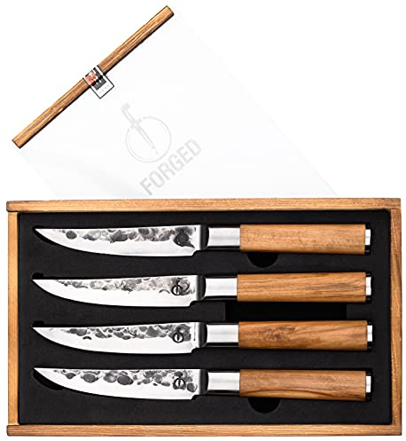 Forged Olive Steakmesser, 4-teilig, handgefertigt, in Holzkiste