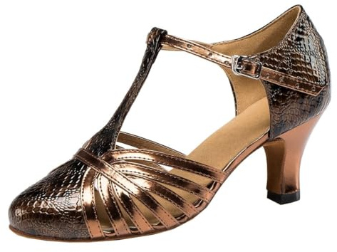 MGM-Joymod Women's T-Strap Snakeskin Synthetic Ballroom Latin Modern Dance Shoes Evening Party Pumps (Brown) 6.5 M UK
