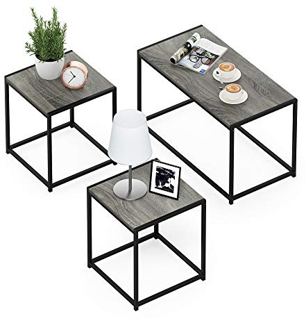 Furinno Camnus Modern Living Room Table Set with One Coffee Table and Two Side Tables, French Oak Grey
