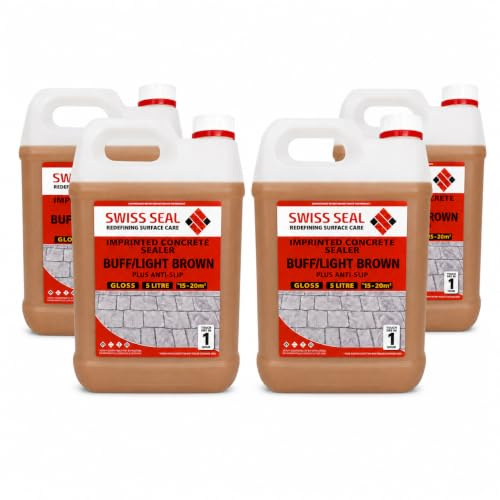 Swiss Seal | BUFF/LIGHT BROWN Coloured Imprinted Concrete Sealer GLOSS FINISH + ANTI-SLIP | Colour Tinted Driveway & Patio Sealant - Wet Look | (4 x 5 Litre)