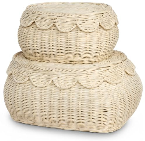 BEBE BASK The Original Scalloped Basket Set Of 2 – Small Scallop Basket - 15 x 11 x 6 In - Hand-Woven & Award-Winning - Elegant Wicker With Scalloped Edge Lid - Nursery Storage - (Natural)