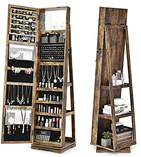 GOPLUS Armoire à Bijoux avec Miroir Plein Longueur, Armoire à Bijoux Pivotante sur Pied avec 3 Étagères de Rangement, Serrure, 3 en 1 Organisateur de Bijoux pour Maquillage, Habillage, Marron