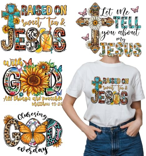4 Packs Jesus Iron on Transfer Patches Cross God Iron on Vinyl Decals for Jeans Christ Jesus Butterfly Sunflower DTF Heat Transfer Vinyl Stickers DIY Iron on Appliques for Clothing T-Shirt Craft