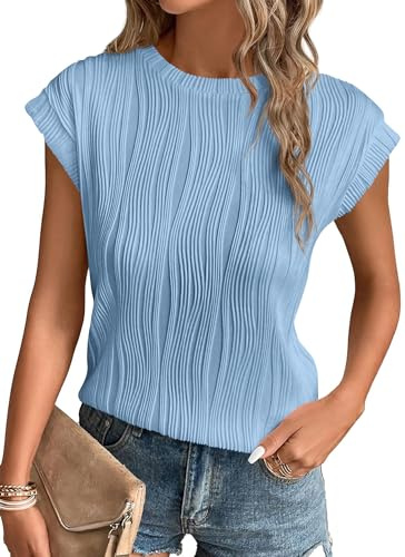 PRETTYGARDEN Blouses for Women Dressy Casual 2025 Spring Summer Business Office Tops Cap Sleeve Textured Cute Work Shirt (Light Blue,Small)
