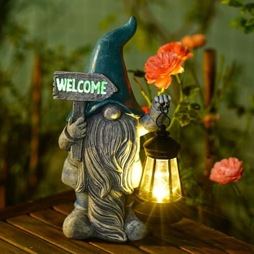 Yeomoo Solar Gnome with Lantern Garden Ornaments - Outdoor Welcome Decor for Balcony Yard Porch Lawn Resin Waterproof Accessories - Housewarming Gifts for Women Mum Wife