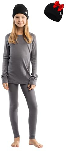 Merino.tech Set Intimo Termico Unisex per Bambini in Lana Merino - Peso Medio (Maglia, Pantaloni, Berretto) - Large, Grigio