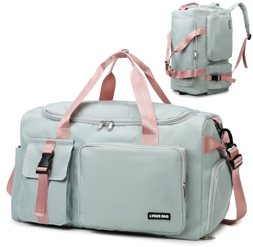 Eslcorri Gym Duffle Bag for Women Men, Sports Backpack with Wet & Shoe Compartment, Fitness Overnight Weekender Bag for Yoga, Swim, Travel (Style B, GreenPink)