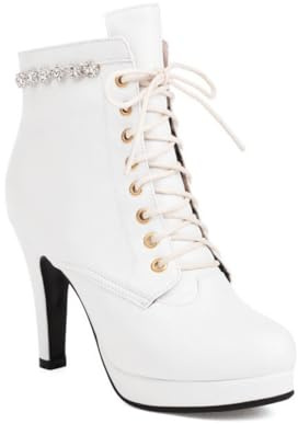 FQMAYPO Donna Stivaletti con Tacco Alto Punta Tonda Tacco Chunky Piattaforma Stivaletti Lacci Strass Scarpe da Festa Décolleté Stivali in Pelle Gotici Stivali Moto Slouch,Bianca,38 EU
