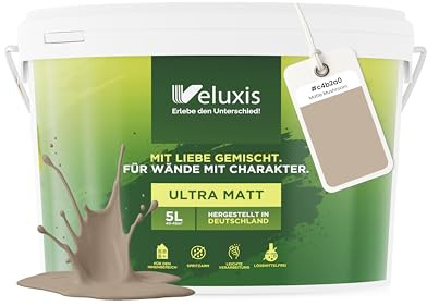 Veluxis Wandfarbe Beige Braun Creme Matt Innenfarbe – Deckkraft Klasse 1, VOC-frei, Ohne Grundierung, Tropfarm – Wohnzimmer & Schlafzimmer – 5L (Matte Mushroom)
