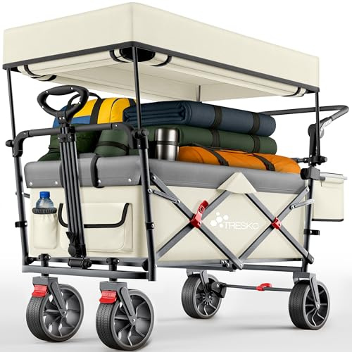 TRESKO® Chariot de courses pliable avec toit, compartiment réfrigéré et stores latéraux | Charrette à main pouvant supporter jusqu'à 150 kg | Chariot de transport avec pneus en caoutchouc plein et
