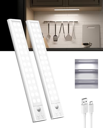 EZVALO Luci LED Sottopensile Per Cucina e Armadio, Sensore Di Movimento 25CM*2Pezzi, Lampada Da Incasso Con 1800 mAh e USB, 3 Modalità Colore e Intensità Regolabile Adatto Per Cucine, Armadi e Scale