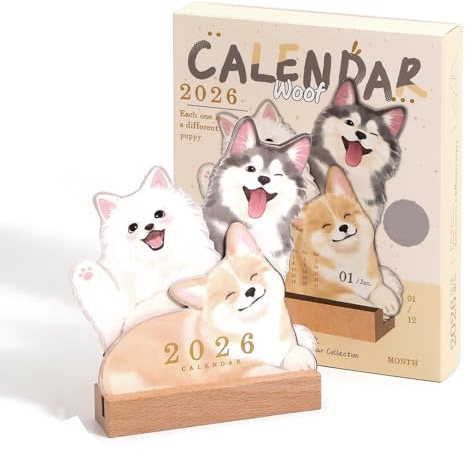 SUIOPPYUW Calendrier de bureau 2026 - Collection d'illustrations de chiots et chatons - Collection annuelle d'art animalier présentant des illustrations uniques chiots et chatons douze mois, tapez+1