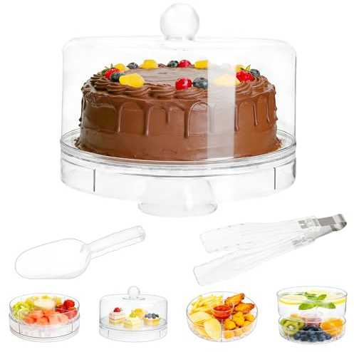 Mulaibdin Bandeja para tartas con tapa, soporte para tartas 6 en 1 con pie, campana de plástico redonda, plato giratorio con pala de hielo y pinzas de cocina, plato de servir ensalada de aperitivos y