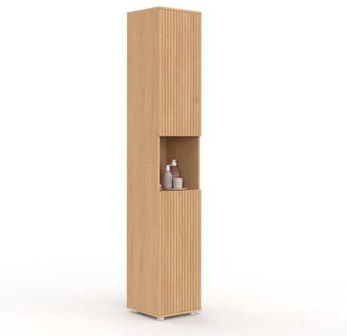 IDMarket Victor - Mueble columna de baño con 2 puertas y 1 nicho efecto lamas