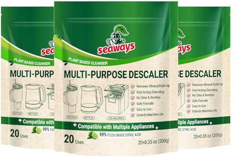 Seaways Multi-Purpose Descaler and Cleaner Powder (60-Uses) for Ice Maker Machine, Kettle, Tumbler, Bottles, Coffee Machine, Faucets, Shower Head, Limescale and Build-Up Remover, 20*0.35 oz (3 Packs)