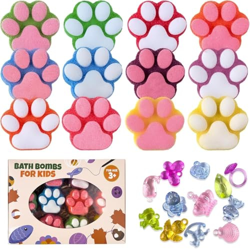Bomboletta da bagno con zampa per bambini con giocattolo a sorpresa – 12 pezzi artigianali con cristalli scintillanti – Kit regalo SPA per Natale e compleanno (ragazze e ragazzi)