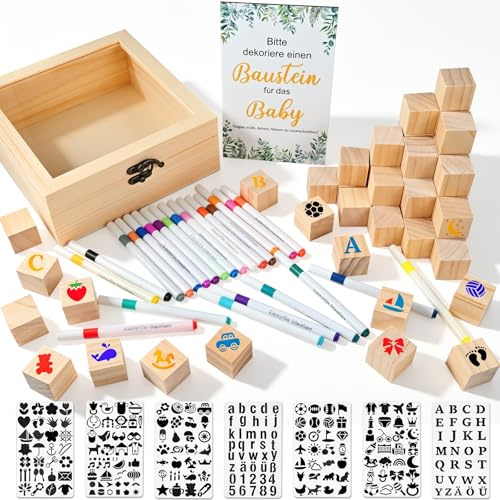 Tigvio 85 Stück Babyparty Spiele Set, Lustige Bauklötze Bemalen Babyparty, Baby Party Spiele mit 52 Holzwürfel + 7 Schablonen + 24 Acrylstifte + Holzschild&Holzbox für Junge&Mädchen, Baby Shower Deko