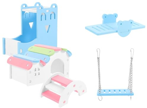 NESTINGHO Giocattoli per Criceti 5 Pezzi Casa Colorata per Criceti in Pvc Altalena e Ponte a Dondolo per Piccoli Animali Nascondiglio Divertente Colore Casuale