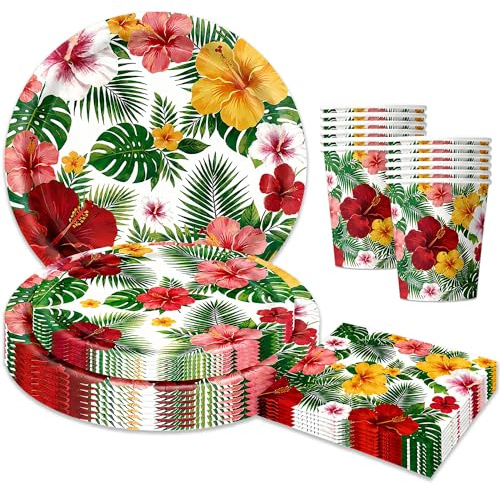 Hawaiian Luau Party Decorations Supplies - 50PCS Aloha Tropical Birthday Party Decorations Dinnerware Set With Paper Plates Napkin Cups for Summer Beach Themed Pool Hawaiian Table Decoration